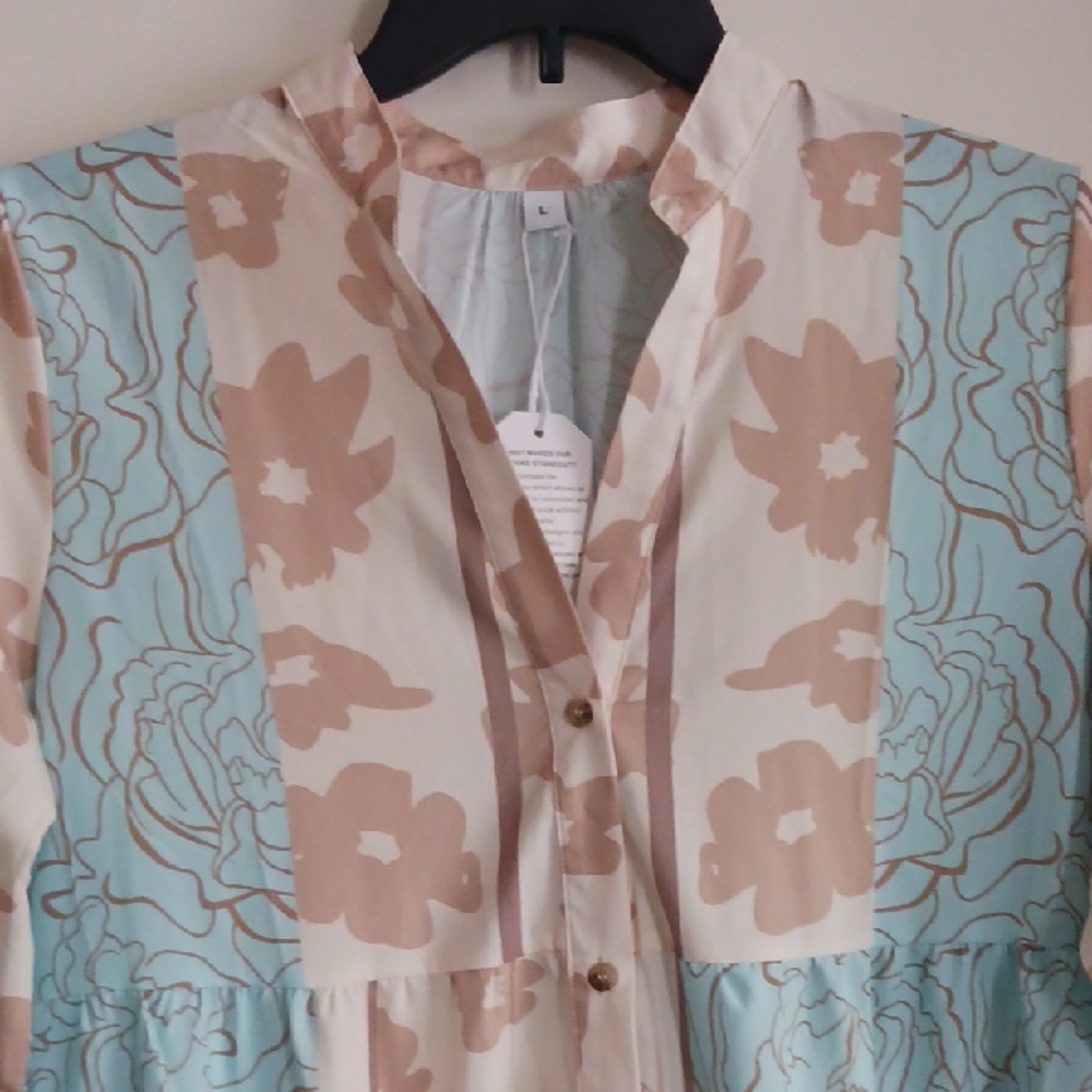 Source Unknown Cream & Light Blue Tiered Floral Button-Front Dress - Picture 2 of 8